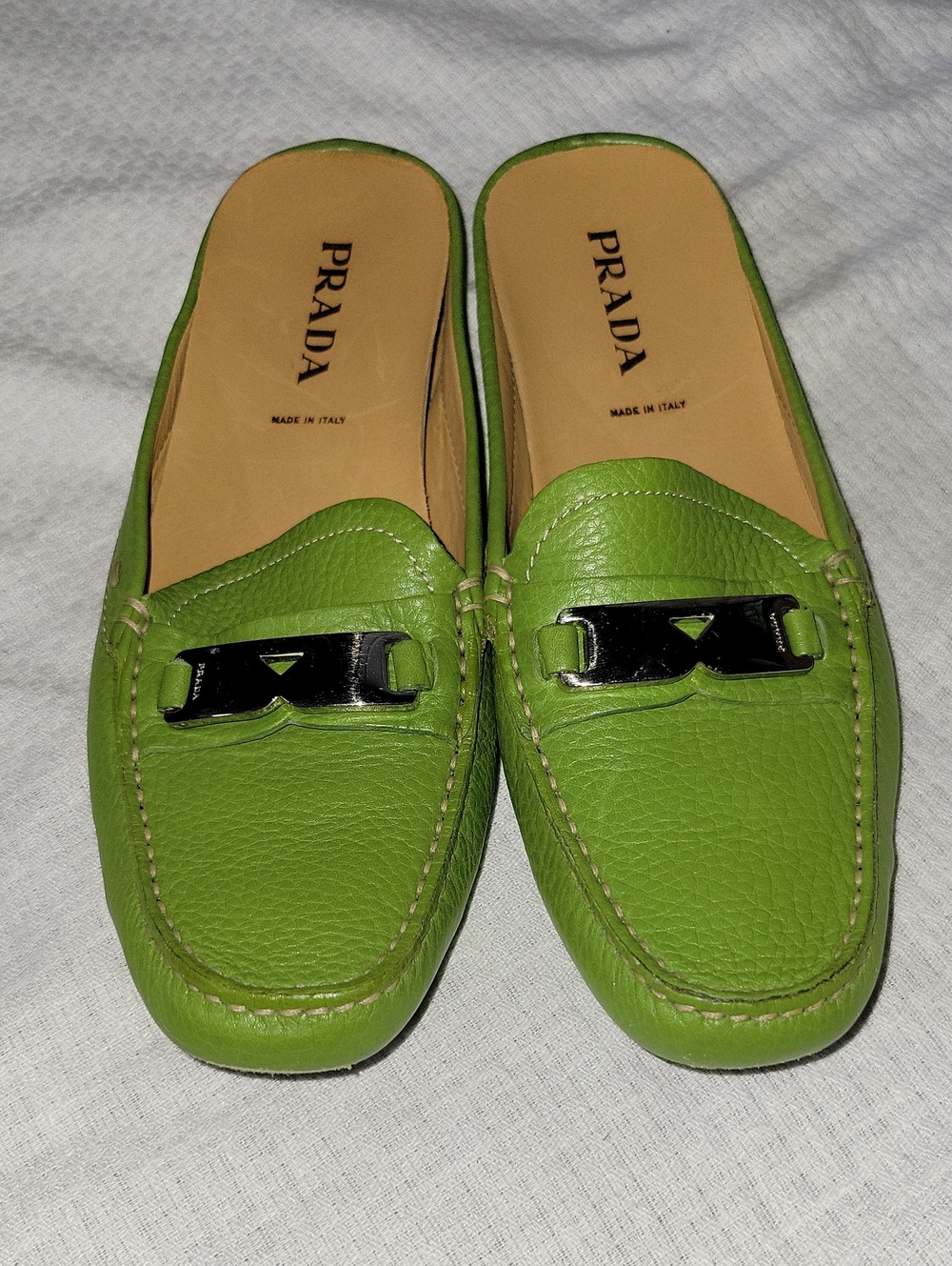 Prada Leather Pistachio Green Silver Plate Mules Loafers SZ 7.5 EU 37 EUC